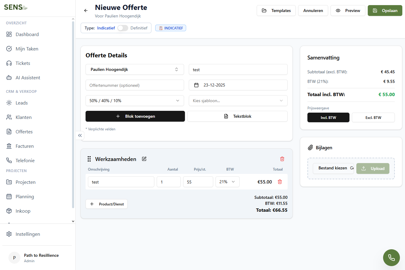 SENS Offerte Systeem